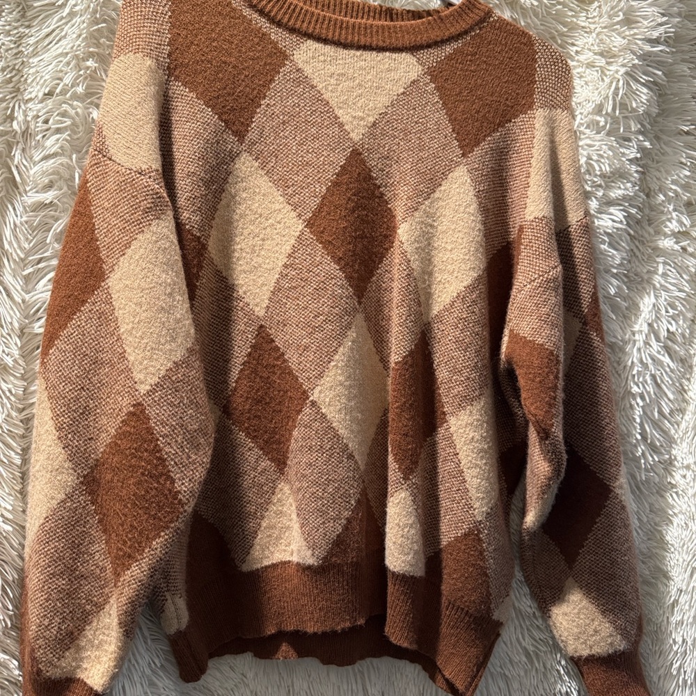 Cozy Argyle Knit Sweater - Brown and Cream
